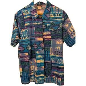 1980's BonWorth Men's S Blue Purple Green Abstract Woven Short Sleeve Button-Up